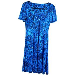 Y2K Chaps Floral Midi Dress Medium Blue Black V-Neck Flutter Sleeve Empire Waist